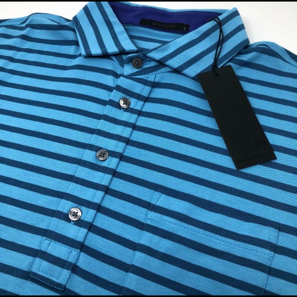 GREYSON BLUE STRIPE POLO GOLF SHIRT CHICKASAW WOLF